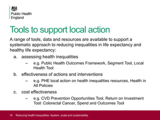 Tools to support local action
A range of tools, data and resources are available to support a
systematic approach to reducing inequalities in life expectancy and
healthy life expectancy:
a. assessing health inequalities
– e.g. Public Health Outcomes Framework, Segment Tool, Local
Health Tool
b. effectiveness of actions and interventions
– e.g. PHE local action on health inequalities resources, Health in
All Policies
c. cost effectiveness
– e.g. CVD Prevention Opportunities Tool, Return on Investment
Tool: Colorectal Cancer, Spend and Outcomes Tool
18 Reducing health inequalities: System, scale and sustainability
 