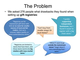 The Problem
• We asked 276 people what drawbacks they found when
setting up gift registries:
“Registries are for
mainstream gift items with
little or no room for smaller
sources of local and fair
traders, that carry
unusual, higher quality, or
more sustainable/eco items.”

“Registries are limited to
stores that have them, and
those stores tend to be big
retailers with mass-market
items.”

“Can't buy from
smaller shops! Or
local stores!”

“I prefer
supporting
independent
businesses, but I
found it easier to
register with a big
chain store.”

“What if I want to go
outside the mainstream
stores? Target doesn't
carry everything that I
want.”

 