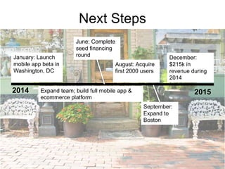 Next Steps
January: Launch
mobile app beta in
Washington, DC

2014

June: Complete
seed financing
round
August: Acquire
first 2000 users

December:
$215k in
revenue during
2014

Expand team; build full mobile app &
ecommerce platform

2015
September:
Expand to
Boston

 