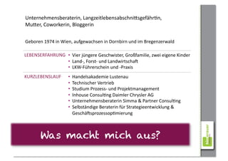 Unternehmensberaterin,	
  LangzeitlebensabschniAsgefährCn,	
  
MuAer,	
  Coworkerin,	
  Bloggerin	
  


Geboren	
  1974	
  in	
  Wien,	
  aufgewachsen	
  in	
  Dornbirn	
  und	
  im	
  Bregenzerwald	
  

LEBENSERFAHRUNG	
   •  Vier	
  jüngere	
  Geschwister,	
  Großfamilie,	
  zwei	
  eigene	
  Kinder	
  
                    •  Land-­‐,	
  Forst-­‐	
  und	
  LandwirtschaW	
  
                    •  LKW-­‐Führerschein	
  und	
  -­‐Praxis	
  
KURZLEBENSLAUF	
            •  Handelsakademie	
  Lustenau	
  
                            •  Technischer	
  Vertrieb	
  
                            •  Studium	
  Prozess-­‐	
  und	
  Projektmanagement	
  
                            •  Inhouse	
  ConsulCng	
  Daimler	
  Chrysler	
  AG	
  
                            •  Unternehmensberaterin	
  Simma	
  &	
  Partner	
  ConsulCng	
  
                            •  Selbständige	
  Beraterin	
  für	
  Strategieentwicklung	
  &	
  
                               GeschäWsprozessopCmierung	
  



         Was macht mich aus?
 