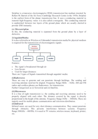 Stripline is a transverse electromagnetic (TEM) transmission line medium invented by
Robert M. Barrett of the Air Force Cambridge Research Centre in the 1950s. Stripline
is the earliest form of the planar transmission line. It uses a conducting material to
transmit high-frequency waves it is also called a waveguide. This conducting material
is sandwiched between two layers of the ground plane which are usually shorted to
provide EMI immunity.
(v) Microstripline
In this, the conducting material is separated from the ground plane by a layer of
dielectric.
2.UnguidedMedia:
It is also referredto as Wireless or Unbounded transmission media.No physical medium
is required for the transmission of electromagnetic signals.
Features:
 The signal is broadcasted through air
 Less Secure
 Used for larger distances
There are 3 types of Signals transmitted through unguided media:
(i)Radiowaves –
These are easy to generate and can penetrate through buildings. The sending and
receiving antennas need not be aligned. Frequency Range:3KHz – 1GHz. AM and FM
radios and cordless phones use Radiowaves for transmission.
Further Categorized as (i) Terrestrial and (ii) Satellite.
(ii)Microwaves –
It is a line of sight transmission i.e. the sending and receiving antennas need to be
properly aligned with each other. The distance covered by the signal is directly
proportional to the height of the antenna. Frequency Range:1GHz – 300GHz. These are
majorly used for mobile phone communication and television distribution.
(iii)Infrared –
Infrared waves are used for very short distance communication. They cannot penetrate
through obstacles. This prevents interference between systems. Frequency
Range:300GHz – 400THz. It is used in TV remotes, wireless mouse, keyboard, printer,
etc.
 