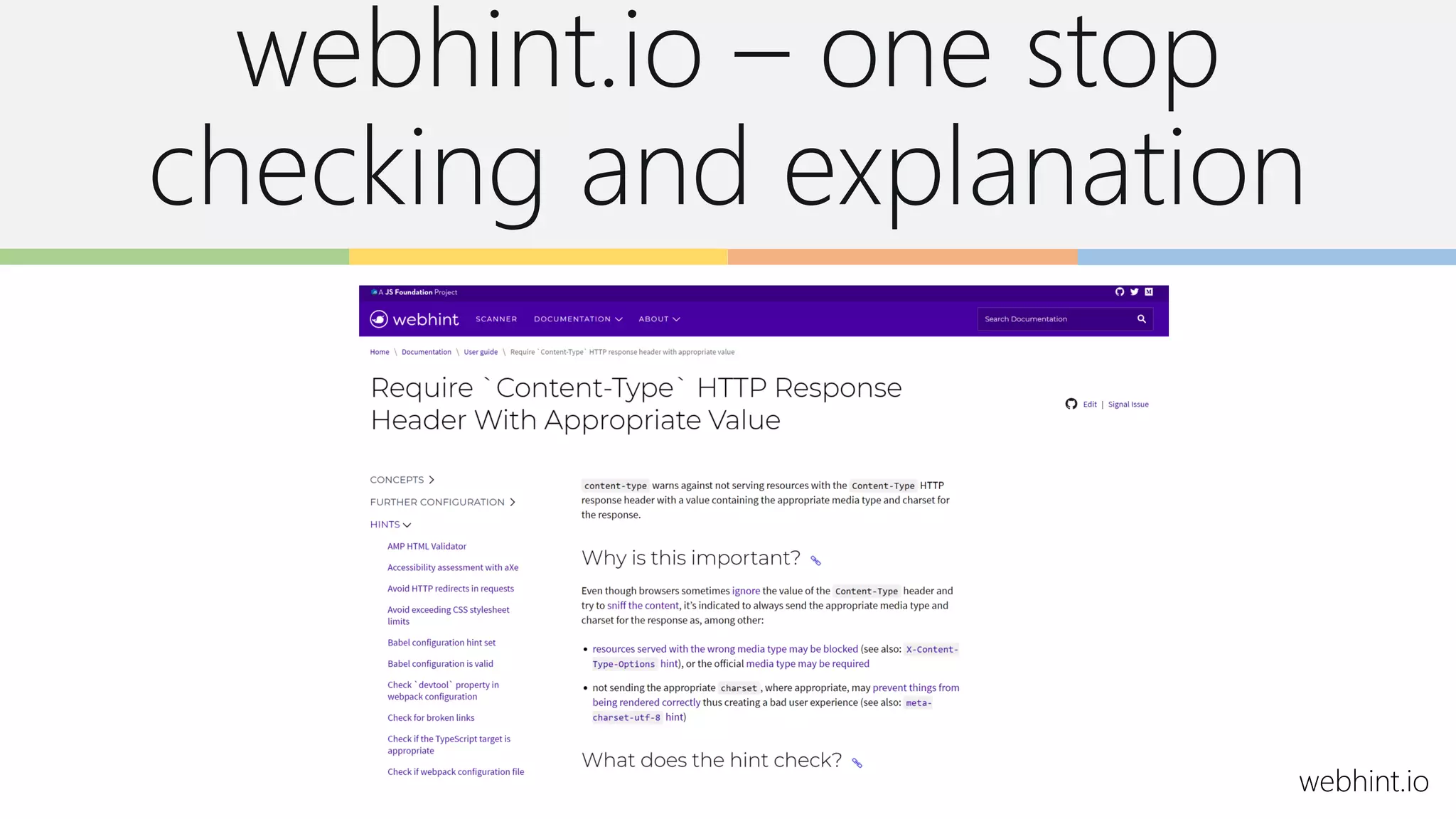 webhint.io – one stop
checking and explanation
webhint.io
 