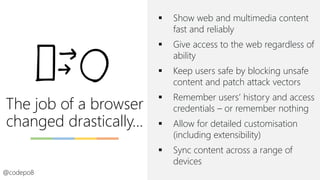 The job of a browser
changed drastically…
▪ Show web and multimedia content
fast and reliably
▪ Give access to the web regardless of
ability
▪ Keep users safe by blocking unsafe
content and patch attack vectors
▪ Remember users’ history and access
credentials – or remember nothing
▪ Allow for detailed customisation
(including extensibility)
▪ Sync content across a range of
devices
@codepo8
 