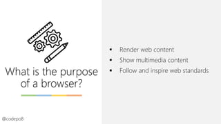 What is the purpose
of a browser?
▪ Render web content
▪ Show multimedia content
▪ Follow and inspire web standards
@codep...