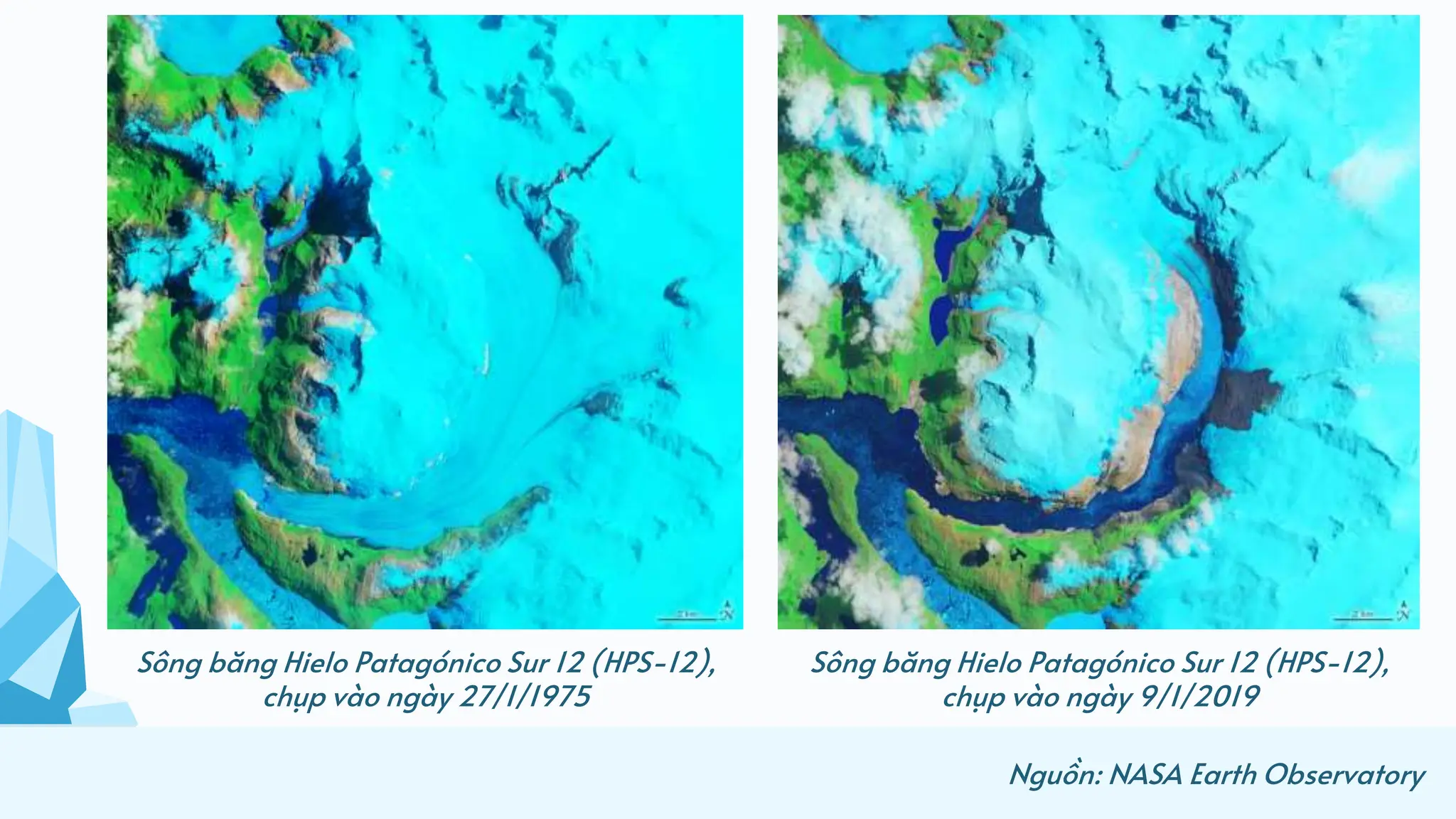Sông băng Hielo Patagónico Sur 12 (HPS-12),
chụp vào ngày 27/1/1975
Sông băng Hielo Patagónico Sur 12 (HPS-12),
chụp vào ngày 9/1/2019
Nguồn: NASA Earth Observatory
 