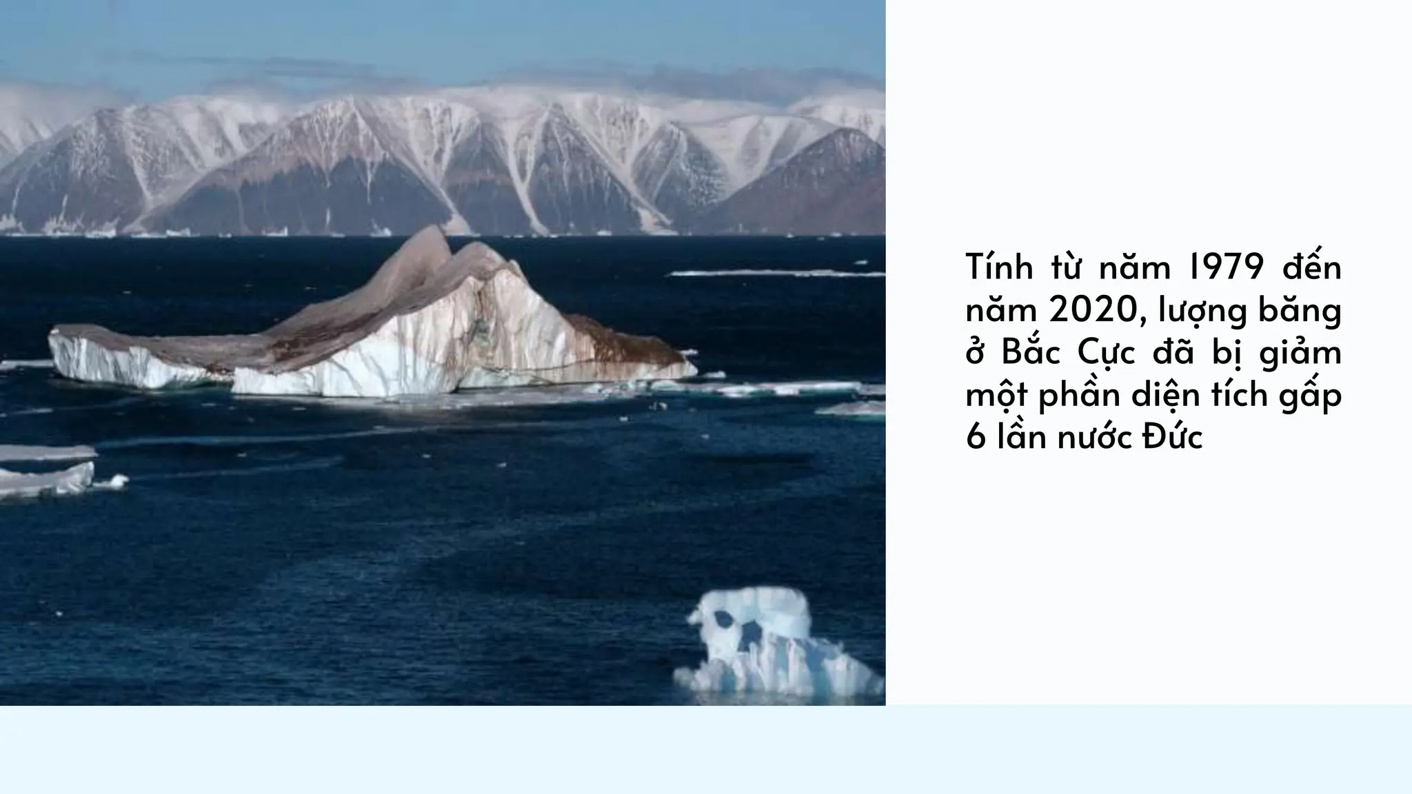 Tính từ năm 1979 đến
năm 2020, lượng băng
ở Bắc Cực đã bị giảm
một phần diện tích gấp
6 lần nước Đức
 