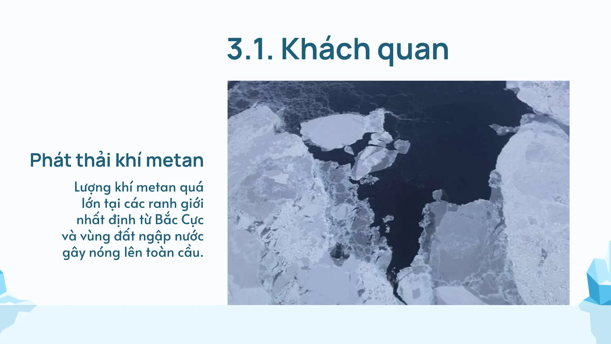 3.1. Khách quan
Phát thải khí metan
Lượng khí metan quá
lớn tại các ranh giới
nhất định từ Bắc Cực
và vùng đất ngập nước
gây nóng lên toàn cầu.
 