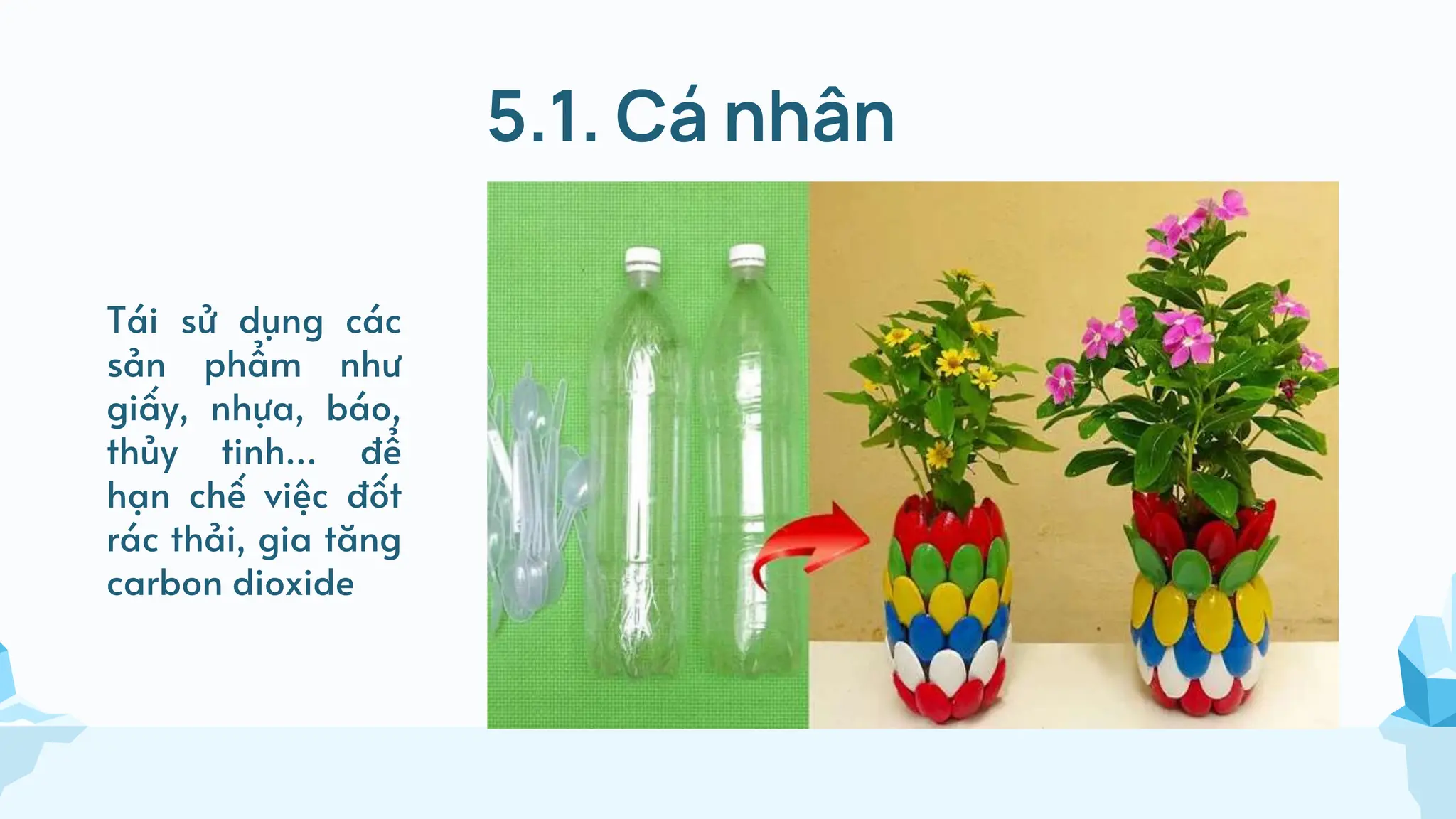 5.1. Cá nhân
Tái sử dụng các
sản phẩm như
giấy, nhựa, báo,
thủy tinh… để
hạn chế việc đốt
rác thải, gia tăng
carbon dioxide
 
