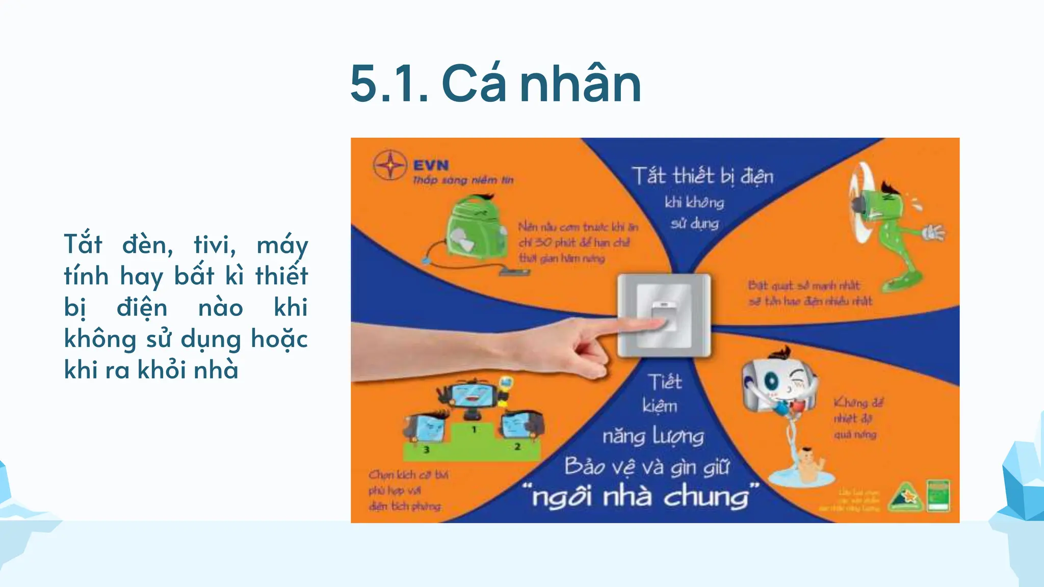 5.1. Cá nhân
Tắt đèn, tivi, máy
tính hay bất kì thiết
bị điện nào khi
không sử dụng hoặc
khi ra khỏi nhà
 