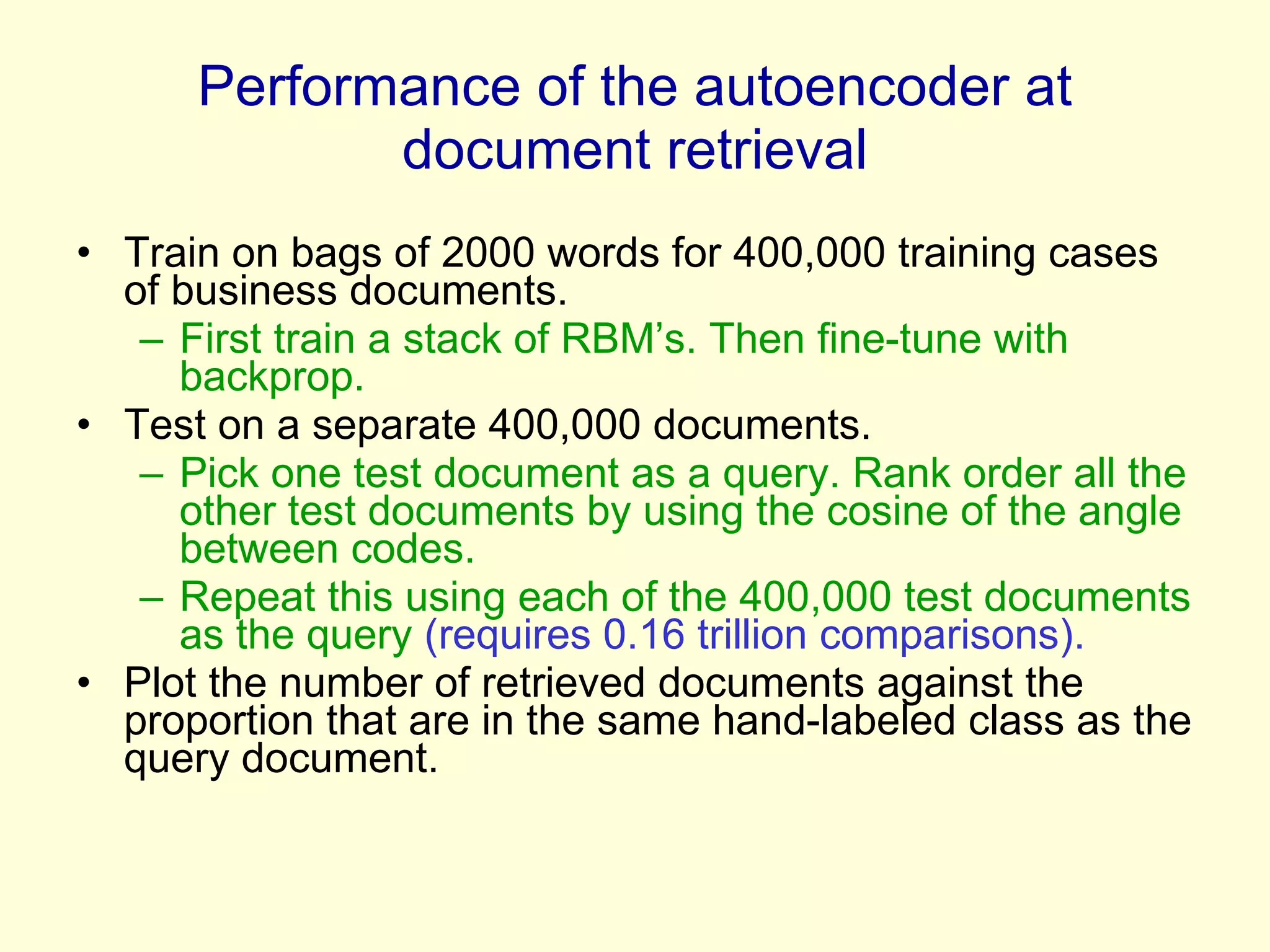 Performance of the autoencoder at document retrieval Train on bags of 2000 words for 400,000 training cases of business documents. First train a stack of RBM’s. Then fine-tune with backprop. Test on a separate 400,000 documents.  Pick one test document as a query. Rank order all the other test documents by using the cosine of the angle between codes.  Repeat this using each of the 400,000 test documents as the query  (requires 0.16 trillion comparisons). Plot the number of retrieved documents against the proportion that are in the same hand-labeled class as the query document.  