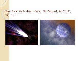 Bụi từ các thiên thạch chứa: Na, Mg, Al, Si, Ca, K,
Ti, Cr, …
 
