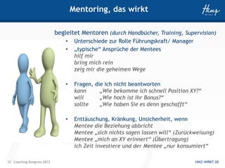 Mentoring, das wirkt

                            begleitet Mentoren (durch Handbücher, Training, Supervision)
                                •    Unterschiede zur Rolle Führungskraft/ Manager
                                •    „typische“ Ansprüche der Mentees
                                     hilf mir
                                     bring mich rein
                                     zeig mir die geheimen Wege

                                •    Fragen, die ich nicht beantworten
                                     kann      „Wie bekomme ich schnell Position XY?“
                                     will      „Wie hoch ist Ihr Bonus?“
                                     sollte    „Wie haben Sie es denn geschafft“

                                •    Enttäuschung, Kränkung, Unsicherheit, wenn
                                     Mentee die Beziehung abbricht
                                     Mentee „sich nichts sagen lassen will“ (Zurückweisung)
                                     Mentee „mich an XY erinnert“ (Übertragung)
                                     ich Zeit investiere und der Mentee „nur konsumiert“

12 Coaching Kongress 2012                                                            HINZ-WIRKT.DE
 