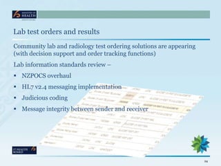 Lab test orders and results
Community lab and radiology test ordering solutions are appearing
(with decision support and order tracking functions)
Lab information standards review –
 NZPOCS overhaul
 HL7 v2.4 messaging implementation
 Judicious coding
 Message integrity between sender and receiver




                                                                    24
 
