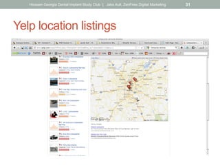 Yelp location listings
Hiossen Georgia Dental Implant Study Club | Jake Aull, ZenFires Digital Marketing 31
 