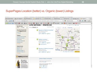 SuperPages Location (better) vs. Organic (lower) Listings
Hiossen Georgia Dental Implant Study Club | Jake Aull, ZenFires Digital Marketing 32
 