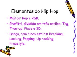 Elementos do Hip Hop Música: Rap e R&B. Grafitti, dividido em três estilos: Tag, Trow-up, Piece e 3D. Dança, com cinco estilos: Breaking, Locking, Popping, Up rocking, Freestyle. 