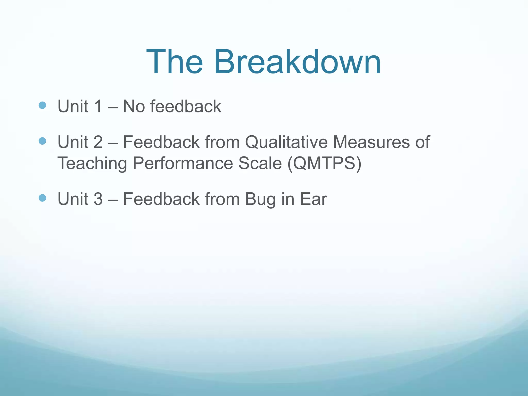 The Breakdown
Unit 1 – No feedback
Unit 2 – Feedback from Qualitative Measures of
Teaching Performance Scale (QMTPS)
Unit 3 – Feedback from Bug in Ear