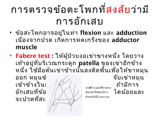 การตรวจข้อตะโพกที่สงสัยว่ามี 
การอักเสบ 
• ข้อสะโพกอาจอยใู่นท่า flexion และ adduction 
เนื่องจากปวด เกิดการหดเกร็งของ adductor 
muscle 
• Fabere test : ให้ผู้ป่วยงอเข่าขางหนึ่ง โดยวาง 
เท้าอยทูี่่บริเวณกระดูก patella ของเข่าอีกข้าง 
หนึ่ง ใช้มือดันเข่าข้างนั้นลงติดพนื้เพอื่ให้ขาหมุน 
ออก หมุนข้อสะโพกเข้าด้านใน โดยจับเข่าหมุน 
เข้าข้างในและเท้าหมุนออกข้างนอก ถ้ามีการ 
อักเสบที่ข้อสะโพก จะดันเข่าข้างนั้นไดน้อยและ 
จะปวดที่สะโพก 
 