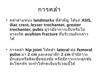 การคลำา 
• คลำาตำาแหน่ง landmarks ทสี่ำาคัญ ได้แก่ ASIS, 
iliac crest, lesser trochanter, greater 
trochanter, pubis ดูว่ามีอาการเจ็บหรือไม่ 
อาจเกิด avultion fracture ทบี่ริเวณดังกล่าว 
ได้ 
• การคลำา hip joint ให้คลำา lateral ต่อ femoral 
pulse มา 2 cm และลงมาอีก 2 cm ถ้ามีภาวะ 
อักเสบหรือติดเชื้อของข้อ หรือมีภาวะกระดูกข้อ 
สะโพกหัก จะทำาให้กดเจ็บบริเวณนไี้ด้ 
 