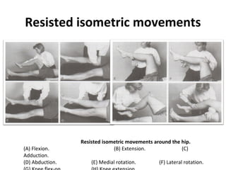 Resisted isometric movements 
Resisted isometric movements around the hip. 
(A) Flexion. (B) Extension. (C) 
Adduction. 
(D) Abduction. (E) Medial rotation. (F) Lateral rotation. 
(G) Knee flex-on. (H) Knee extension 
 