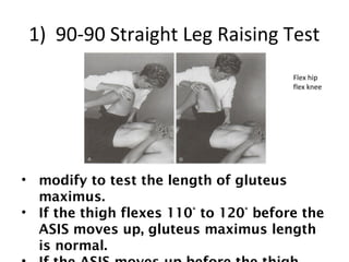 1) 90-90 Straight Leg Raising Test 
• modify to test the length of gluteus 
Flex hip 
flex knee 
maximus. 
• If the thigh flexes 110° to 120° before the 
ASIS moves up, gluteus maximus length 
is normal. 
• If the ASIS moves up before the thigh 
 