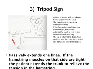 3) Tripod Sign 
patient is seated with both knees 
flexed to 90° over the table 
The examiner then passively 
extends one knee. 
If the hamstring muscles on that 
side are tight, the patient 
extends the trunk to relieve the 
tension in the hamstring 
The leg is returned to its starting 
position, and the other leg is tested 
and compared with the first side. 
• Passively extends one knee. If the 
hamstring muscles on that side are tight, 
the patient extends the trunk to relieve the 
tension in the hamstring. 
 