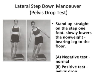 Lateral Step Down Manoeuver 
(Pelvis Drop Test) 
• Stand up straight 
on the step one 
foot. slowly lowers 
the nonweight - 
bearing leg to the 
floor. 
(A) Negative test - 
normal 
(B) Positive test - 
pelvis drop 
 