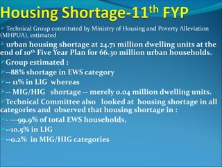  Technical Group constituted by Ministry of Housing and Poverty Alleviation
(MHPUA), estimated
 urban housing shortage at 24.71 million dwelling units at the
end of 10th
Five Year Plan for 66.30 million urban households.
Group estimated :
--88% shortage in EWS category
-- 11% in LIG whereas
-- MIG/HIG shortage -- merely 0.04 million dwelling units.
Technical Committee also looked at housing shortage in all
categories and observed that housing shortage in :
- ---99.9% of total EWS households,
--10.5% in LIG
--0.2% in MIG/HIG categories
 