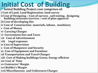 Initial Cost of BuildingInitial Building Project cost comprises of:
i Cost of Land, Land Registration, land survey
ii Cost of Designing – Cost of surveys , soil testing, designing
building/structure/services / cost of plan approval
iii Cost of developing Site
iv Cost of Construction- materials, labour, machinery
v Cost of Money
vi Carrying Charges
vi Government fees and Taxes
vii Cost of Advertisement
viii Legal expenses
ix Cost of Supervision
x Cost of Manpower and Security
xi. Cost of Equipment and Furniture
xii Transportation and Travel Charges
xiii Cost of Making buildings Green, Energy efficient
xiv Cost of Time
xv Contractor’ Margin
xvi Builder’s Margin
xvii Miscellaneous and Unforeseen Charges
 
