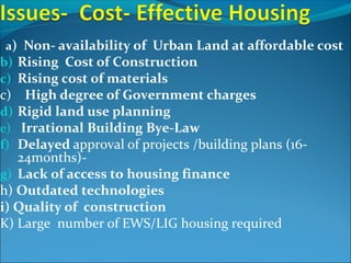 a) Non- availability of Urban Land at affordable cost
b) Rising Cost of Construction
c) Rising cost of materials
c) High degree of Government charges
d) Rigid land use planning
e) Irrational Building Bye-Law
f) Delayed approval of projects /building plans (16-
24months)-
g) Lack of access to housing finance
h) Outdated technologies
i) Quality of construction
K) Large number of EWS/LIG housing required
 