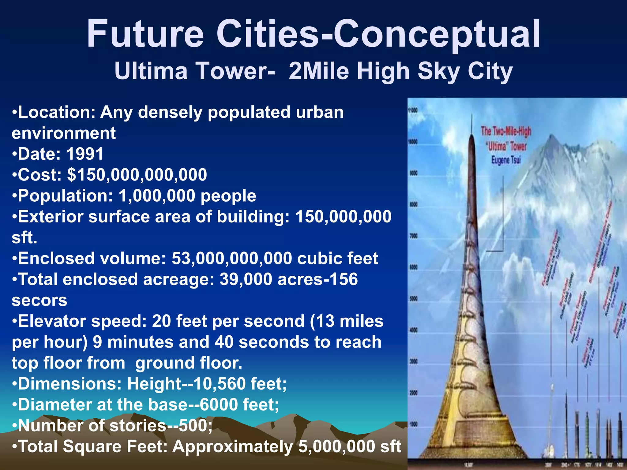 Future Cities-Conceptual
Ultima Tower- 2Mile High Sky City
•Location: Any densely populated urban
environment
•Date: 1991
•Cost: $150,000,000,000
•Population: 1,000,000 people
•Exterior surface area of building: 150,000,000
sft.
•Enclosed volume: 53,000,000,000 cubic feet
•Total enclosed acreage: 39,000 acres-156
secors
•Elevator speed: 20 feet per second (13 miles
per hour) 9 minutes and 40 seconds to reach
top floor from ground floor.
•Dimensions: Height--10,560 feet;
•Diameter at the base--6000 feet;
•Number of stories--500;
•Total Square Feet: Approximately 5,000,000 sft
 