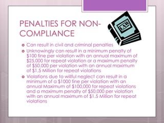 PENALTIES FOR NON-COMPLIANCECan result in civil and criminal penalties Unknowingly can result in a minimum penalty of $100 fine per violation with an annual maximum of $25,000 for repeat violation or a maximum penalty of $50,000 per violation with an annual maximum of $1.5 Million for repeat violationsViolations due to willful neglect can result in a minimum of a $1000 fine per violation with an annual Maximum of $100,000 for repeat violations and a maximum penalty of $50,000 per violation with an annual maximum of $1.5 Million for repeat violations