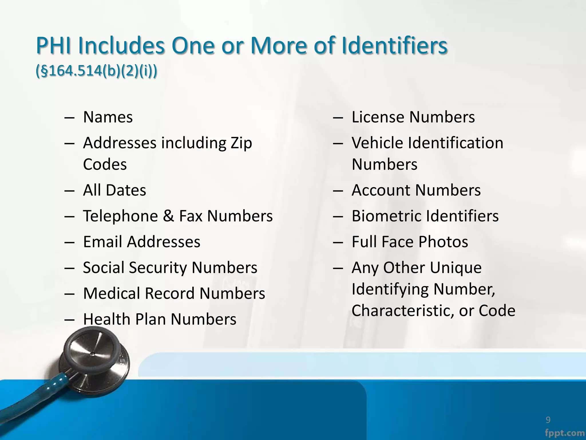 PHI Includes One or More of Identifiers
(§164.514(b)(2)(i))
– Names
– Addresses including Zip
Codes
– All Dates
– Telephone & Fax Numbers
– Email Addresses
– Social Security Numbers
– Medical Record Numbers
– Health Plan Numbers
– License Numbers
– Vehicle Identification
Numbers
– Account Numbers
– Biometric Identifiers
– Full Face Photos
– Any Other Unique
Identifying Number,
Characteristic, or Code
9
 