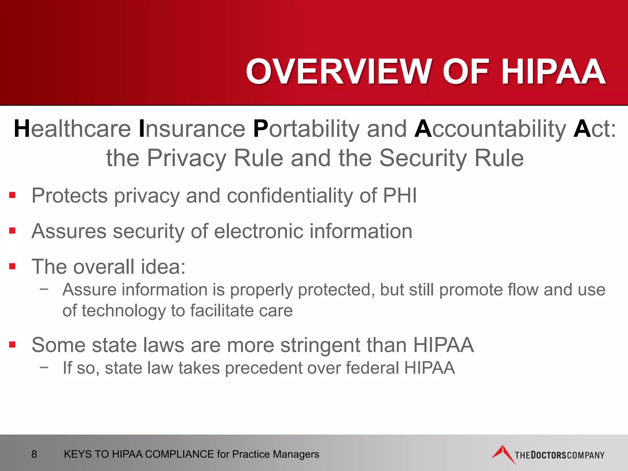 HIPAA VIOLATIONS
ON THE RISE…
 Total complaints received thru Dec 31, 2015:
125,4451
 2014 saw a 25% increase in HIPAAA breaches2
− 2013: Loss and theft of laptops and portable devices.
− 2014: “The year of the hacker” - CHS: 4.5 million patients
 Paper records are as vulnerable, or more, than
electronic records3
[1] HHS Compliance and Enforcement Numbers at a Glance. Mar 11 2016. www.hhs.gov
[2] 2014 Saw 25% Increase in HIPAA Breaches. Mar 11 2016. www.hipaajournal.com
[3] HIPAA in a HITECH World: HIPAA Violations on the Rise. Smart Data Collective, March 25, 2013
8 KEYS TO HIPAA COMPLIANCE for Practice Managers
 