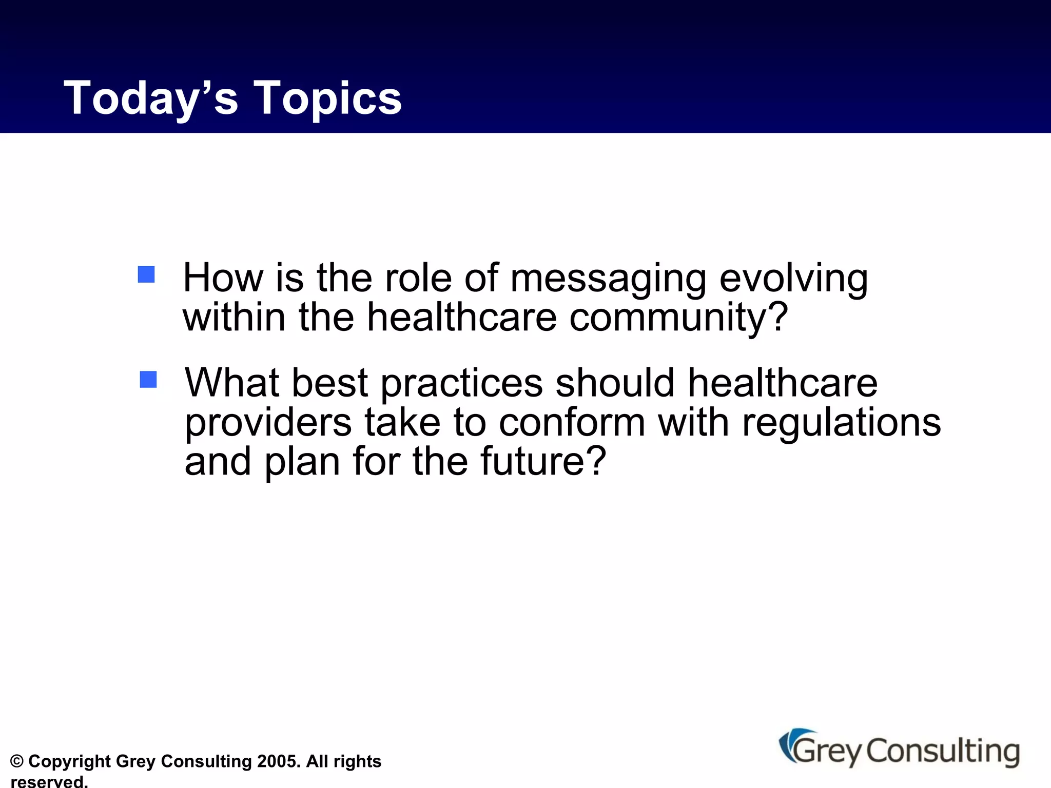 Today’s Topics How is the role of messaging evolving within the healthcare community? What best practices should healthcare providers take to conform with regulations and plan for the future? 