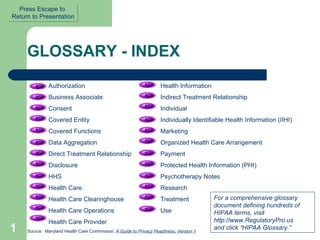 GLOSSARY - INDEX Authorization Business Associate  Consent Covered Entity Covered Functions Data Aggregation  Direct Treatment Relationship  Disclosure HHS  Health Care Health Care Clearinghouse  Health Care Operations Health Care Provider  Health Information  Indirect Treatment Relationship Individual  Individually Identifiable Health Information (IIHI)  Marketing  Organized Health Care Arrangement  Payment Protected Health Information (PHI)  Psychotherapy Notes Research  Treatment  Use  Source:  Maryland Health Care Commission,  A Guide to Privacy Readiness, Version 1 For a comprehensive glossary document defining hundreds of HIPAA terms, visit  http://www.RegulatoryPro.us and click “HIPAA Glossary.” Press Escape to  Return to Presentation 
