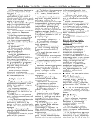 5689Federal Register / Vol. 78, No. 17 / Friday, January 25, 2013 / Rules and Regulations
(iii) The manifestation of a disease or
disorder in family members of such
individual; or
(iv) Any request for, or receipt of,
genetic services, or participation in
clinical research which includes genetic
services, by the individual or any family
member of the individual.
(2) Any reference in this subchapter to
genetic information concerning an
individual or family member of an
individual shall include the genetic
information of:
(i) A fetus carried by the individual or
family member who is a pregnant
woman; and
(ii) Any embryo legally held by an
individual or family member utilizing
an assisted reproductive technology.
(3) Genetic information excludes
information about the sex or age of any
individual.
Genetic services means:
(1) A genetic test;
(2) Genetic counseling (including
obtaining, interpreting, or assessing
genetic information); or
(3) Genetic education.
Genetic test means an analysis of
human DNA, RNA, chromosomes,
proteins, or metabolites, if the analysis
detects genotypes, mutations, or
chromosomal changes. Genetic test does
not include an analysis of proteins or
metabolites that is directly related to a
manifested disease, disorder, or
pathological condition.
* * * * *
Health information means any
information, including genetic
information, whether oral or recorded in
any form or medium, that: * * *
* * * * *
Health plan means * * *
(1) * * *
(vi) The Voluntary Prescription Drug
Benefit Program under Part D of title
XVIII of the Act, 42 U.S.C. 1395w–101
through 1395w–152.
(vii) An issuer of a Medicare
supplemental policy (as defined in
section 1882(g)(1) of the Act, 42 U.S.C.
1395ss(g)(1)).
(viii) An issuer of a long-term care
policy, excluding a nursing home fixed
indemnity policy.
(ix) An employee welfare benefit plan
or any other arrangement that is
established or maintained for the
purpose of offering or providing health
benefits to the employees of two or more
employers.
(x) The health care program for
uniformed services under title 10 of the
United States Code.
(xi) The veterans health care program
under 38 U.S.C. chapter 17.
* * * * *
(xv) The Medicare Advantage program
under Part C of title XVIII of the Act, 42
U.S.C. 1395w–21 through 1395w–28.
* * * * *
Manifestation or manifested means,
with respect to a disease, disorder, or
pathological condition, that an
individual has been or could reasonably
be diagnosed with the disease, disorder,
or pathological condition by a health
care professional with appropriate
training and expertise in the field of
medicine involved. For purposes of this
subchapter, a disease, disorder, or
pathological condition is not manifested
if the diagnosis is based principally on
genetic information.
* * * * *
Protected health information * * *
(2) Protected health information
excludes individually identifiable
health information:
(i) In education records covered by
the Family Educational Rights and
Privacy Act, as amended, 20 U.S.C.
1232g;
(ii) In records described at 20 U.S.C.
1232g(a)(4)(B)(iv);
(iii) In employment records held by a
covered entity in its role as employer;
and
(iv) Regarding a person who has been
deceased for more than 50 years.
* * * * *
Respondent means a covered entity or
business associate upon which the
Secretary has imposed, or proposes to
impose, a civil money penalty.
* * * * *
Standard means a rule, condition, or
requirement:
(1) Describing the following
information for products, systems,
services, or practices:
(i) Classification of components;
(ii) Specification of materials,
performance, or operations; or
(iii) Delineation of procedures; or
(2) With respect to the privacy of
protected health information.
* * * * *
State refers to one of the following:
(1) For a health plan established or
regulated by Federal law, State has the
meaning set forth in the applicable
section of the United States Code for
such health plan.
(2) For all other purposes, State
means any of the several States, the
District of Columbia, the
Commonwealth of Puerto Rico, the
Virgin Islands, Guam, American Samoa,
and the Commonwealth of the Northern
Mariana Islands.
Subcontractor means a person to
whom a business associate delegates a
function, activity, or service, other than
in the capacity of a member of the
workforce of such business associate.
* * * * *
Violation or violate means, as the
context may require, failure to comply
with an administrative simplification
provision.
Workforce means employees,
volunteers, trainees, and other persons
whose conduct, in the performance of
work for a covered entity or business
associate, is under the direct control of
such covered entity or business
associate, whether or not they are paid
by the covered entity or business
associate.
■ 5. Add § 160.105 to subpart A to read
as follows:
§ 160.105 Compliance dates for
implementation of new or modified
standards and implementation
specifications.
Except as otherwise provided, with
respect to rules that adopt new
standards and implementation
specifications or modifications to
standards and implementation
specifications in this subchapter in
accordance with § 160.104 that become
effective after January 25, 2013, covered
entities and business associates must
comply with the applicable new
standards and implementation
specifications, or modifications to
standards and implementation
specifications, no later than 180 days
from the effective date of any such
standards or implementation
specifications.
■ 6. Revise § 160.201 to read as follows:
§ 160.201 Statutory basis.
The provisions of this subpart
implement section 1178 of the Act,
section 262 of Public Law 104–191,
section 264(c) of Public Law 104–191,
and section 13421(a) of Public Law 111–
5.
■ 7. In § 160.202, revise the definition of
‘‘Contrary’’ and paragraph (1)(i) of the
definition of ‘‘More stringent’’ to read as
follows:
§ 160.202 Definitions.
* * * * *
Contrary, when used to compare a
provision of State law to a standard,
requirement, or implementation
specification adopted under this
subchapter, means:
(1) A covered entity or business
associate would find it impossible to
comply with both the State and Federal
requirements; or
(2) The provision of State law stands
as an obstacle to the accomplishment
and execution of the full purposes and
objectives of part C of title XI of the Act,
VerDate Mar<15>2010 18:57 Jan 24, 2013 Jkt 229001 PO 00000 Frm 00125 Fmt 4701 Sfmt 4700 E:FRFM25JAR2.SGM 25JAR2
srobertsonDSK5SPTVN1PRODwith
 