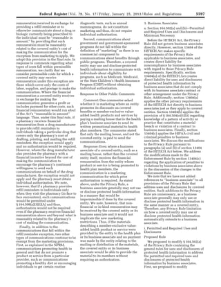 5597Federal Register / Vol. 78, No. 17 / Friday, January 25, 2013 / Rules and Regulations
remuneration received in exchange for
providing a refill reminder or to
otherwise communicate about a drug or
biologic currently being prescribed to
the individual must be ‘‘reasonable in
amount,’’ by providing that such
remuneration must be reasonably
related to the covered entity’s cost of
making the communication for the
exception from marketing to apply. We
adopt this provision in the final rule. In
response to comments regarding what
types of costs fall within permissible
remuneration, we clarify that we
consider permissible costs for which a
covered entity may receive
remuneration under this exception are
those which cover only the costs of
labor, supplies, and postage to make the
communication. Where the financial
remuneration a covered entity receives
in exchange for making the
communication generates a profit or
includes payment for other costs, such
financial remuneration would run afoul
of the Act’s ‘‘reasonable in amount’’
language. Thus, under this final rule, if
a pharmacy receives financial
remuneration from a drug manufacturer
to provide refill reminders to
individuals taking a particular drug that
covers only the pharmacy’s cost of
drafting, printing, and mailing the refill
reminders, the exception would apply
and no authorization would be required.
However, where the drug manufacturer
also provides the pharmacy with a
financial incentive beyond the cost of
making the communication to
encourage the pharmacy’s continued
willingness to send such
communications on behalf of the drug
manufacturer, the exception would not
apply and the pharmacy must obtain
individual authorization. We note,
however, that if a pharmacy provides
refill reminders to individuals only
when they visit the pharmacy (in face to
face encounters), such communications
would be permitted under
§ 164.508(a)(3)(i)(A) and thus,
authorization would not be required
even if the pharmacy receives financial
remuneration above and beyond what is
reasonably related to the pharmacy’s
cost of making the communication.
Finally, in addition to the
communications that fall within the
refill reminder exception, two other
types of communications continue to be
exempt from the marketing provisions.
First, as explained in the NPRM,
communications promoting health in
general and that do not promote a
product or service from a particular
provider, such as communications
promoting a healthy diet or encouraging
individuals to get certain routine
diagnostic tests, such as annual
mammograms, do not constitute
marketing and thus, do not require
individual authorization.
Second, communications about
government and government-sponsored
programs do not fall within the
definition of ‘‘marketing’’ as there is no
commercial component to
communications about benefits through
public programs. Therefore, a covered
entity may use and disclose protected
health information to communicate with
individuals about eligibility for
programs, such as Medicare, Medicaid,
or the State Children’s Health Insurance
Program (CHIP) without obtaining
individual authorization.
Response to Other Public Comments
Comment: One commenter asked
whether it is marketing where an entity
promotes its discounts on covered
benefits or member-exclusive value-
added health products and services by
paying a mailing house that is the health
plan’s business associate to send its
written promotional material to health
plan members. The commenter stated
that only the mailing house, and not the
covered entity, is paid to send the
communications.
Response: Even where a business
associate of a covered entity, such as a
mailing house, rather than the covered
entity itself, receives the financial
remuneration from the entity whose
product or service is being promoted to
health plan members, the
communication is a marketing
communication for which prior
authorization is required. As stated
above, under the Privacy Rule, a
business associate generally may not use
or disclose protected health information
in a manner that would be
impermissible if done by the covered
entity. We note, however, that non-
financial or in-kind remuneration may
be received by the covered entity or its
business associate and it would not
implicate the new marketing
restrictions. Thus, if the materials
describing a member-exclusive value-
added health product or service were
provided by the entity to the health plan
or its business associate and no payment
was made by the entity relating to the
mailing or distribution of the materials,
the covered entity or its business
associate would be able to provide the
material to its members without
requiring an authorization.
3. Business Associates
a. Section 164.502(a) and (b)—Permitted
and Required Uses and Disclosures and
Minimum Necessary
Before the HITECH Act, the Privacy
Rule did not govern business associates
directly. However, section 13404 of the
HITECH Act makes specific
requirements of the Privacy Rule
applicable to business associates, and
creates direct liability for
noncompliance by business associates
with regard to those Privacy Rule
requirements. Specifically, section
13404(a) of the HITECH Act creates
direct liability for uses and disclosures
of protected health information by
business associates that do not comply
with its business associate contract or
other arrangement under the Privacy
Rule. Additionally, section 13404(a)
applies the other privacy requirements
of the HITECH Act directly to business
associates just as they apply to covered
entities. Section 13404(b) applies the
provision of § 164.504(e)(1)(ii) regarding
knowledge of a pattern of activity or
practice that constitutes a material
breach or violation of a contract to
business associates. Finally, section
13404(c) applies the HIPAA civil and
criminal penalties to business
associates. We discuss the modifications
to the Privacy Rule pursuant to
paragraphs (a) and (b) of section 13404
of the HITECH Act below. We address
the modifications made to the
Enforcement Rule by section 13404(c)
regarding the application of penalties to
violations by business associates above
in the discussion of the changes to the
Enforcement Rule.
We note that we have not added
references to ‘‘business associate’’ to all
provisions of the Privacy Rule that
address uses and disclosures by covered
entities. Such additions to the Privacy
Rule are unnecessary, as a business
associate generally may only use or
disclose protected health information in
the same manner as a covered entity.
Therefore, any Privacy Rule limitation
on how a covered entity may use or
disclose protected health information
automatically extends to a business
associate.
i. Permitted and Required Uses and
Disclosures
Proposed Rule
We proposed to modify § 164.502(a)
of the Privacy Rule containing the
general rules for uses and disclosures of
protected health information to address
the permitted and required uses and
disclosures of protected health
information by business associates.
First, we proposed to modify
VerDate Mar<15>2010 18:57 Jan 24, 2013 Jkt 229001 PO 00000 Frm 00033 Fmt 4701 Sfmt 4700 E:FRFM25JAR2.SGM 25JAR2
srobertsonDSK5SPTVN1PRODwith
 