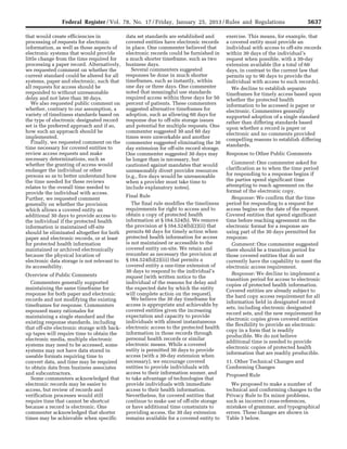 5637Federal Register / Vol. 78, No. 17 / Friday, January 25, 2013 / Rules and Regulations
that would create efficiencies in
processing of requests for electronic
information, as well as those aspects of
electronic systems that would provide
little change from the time required for
processing a paper record. Alternatively,
we requested comment on whether the
current standard could be altered for all
systems, paper and electronic, such that
all requests for access should be
responded to without unreasonable
delay and not later than 30 days.
We also requested public comment on
whether, contrary to our assumption, a
variety of timeliness standards based on
the type of electronic designated record
set is the preferred approach and if so,
how such an approach should be
implemented.
Finally, we requested comment on the
time necessary for covered entities to
review access requests and make
necessary determinations, such as
whether the granting of access would
endanger the individual or other
persons so as to better understand how
the time needed for these reviews
relates to the overall time needed to
provide the individual with access.
Further, we requested comment
generally on whether the provision
which allows a covered entity an
additional 30 days to provide access to
the individual if the protected health
information is maintained off-site
should be eliminated altogether for both
paper and electronic records, or at least
for protected health information
maintained or archived electronically
because the physical location of
electronic data storage is not relevant to
its accessibility.
Overview of Public Comments
Commenters generally supported
maintaining the same timeframe for
response for both paper and electronic
records and not modifying the existing
timeframes for response. Commenters
espoused many rationales for
maintaining a single standard and the
existing response standards, including
that off-site electronic storage with back-
up tapes will require time to obtain the
electronic media, multiple electronic
systems may need to be accessed, some
systems may not have data stored in
useable formats requiring time to
convert data, and time may be required
to obtain data from business associates
and subcontractors.
Some commenters acknowledged that
electronic records may be easier to
access, but review of records and
verification processes would still
require time that cannot be shortcut
because a record is electronic. One
commenter acknowledged that shorter
times may be achievable when specific
data set standards are established and
covered entities have electronic records
in place. One commenter believed that
electronic records could be furnished in
a much shorter timeframe, such as two
business days.
Several commenters suggested
responses be done in much shorter
timeframes, such as instantly, within
one day or three days. One commenter
noted that meaningful use standards
required access within three days for 50
percent of patients. These commenters
suggested alternative timeframes for
adoption, such as allowing 60 days for
response due to off-site storage issues
and potential for multiple requests. One
commenter suggested 30 and 60 day
times were unworkable and another
commenter suggested eliminating the 30
day extension for off-site record storage.
One commenter suggested 30 days may
be longer than is necessary, but
cautioned against mandates that would
unreasonably divert provider resources
(e.g., five days would be unreasonable
when a provider must take time to
include explanatory notes).
Final Rule
The final rule modifies the timeliness
requirements for right to access and to
obtain a copy of protected health
information at § 164.524(b). We remove
the provision at § 164.524(b)(2)(ii) that
permits 60 days for timely action when
protected health information for access
is not maintained or accessible to the
covered entity on-site. We retain and
renumber as necessary the provision at
§ 164.524(b)(2)(iii) that permits a
covered entity a one-time extension of
30 days to respond to the individual’s
request (with written notice to the
individual of the reasons for delay and
the expected date by which the entity
will complete action on the request).
We believe the 30 day timeframe for
access is appropriate and achievable by
covered entities given the increasing
expectation and capacity to provide
individuals with almost instantaneous
electronic access to the protected health
information in those records through
personal health records or similar
electronic means. While a covered
entity is permitted 30 days to provide
access (with a 30-day extension when
necessary), we encourage covered
entities to provide individuals with
access to their information sooner, and
to take advantage of technologies that
provide individuals with immediate
access to their health information.
Nevertheless, for covered entities that
continue to make use of off-site storage
or have additional time constraints to
providing access, the 30 day extension
remains available for a covered entity to
exercise. This means, for example, that
a covered entity must provide an
individual with access to off-site records
within 30 days of the individual’s
request when possible, with a 30-day
extension available (for a total of 60
days, in contrast to the current law that
permits up to 90 days to provide the
individual with access to such records).
We decline to establish separate
timeframes for timely access based upon
whether the protected health
information to be accessed is paper or
electronic. Commenters generally
supported adoption of a single standard
rather than differing standards based
upon whether a record is paper or
electronic and no comments provided
compelling reasons to establish differing
standards.
Response to Other Public Comments
Comment: One commenter asked for
clarification as to when the time period
for responding to a response begins if
the parties spend significant time
attempting to reach agreement on the
format of the electronic copy.
Response: We confirm that the time
period for responding to a request for
access begins on the date of the request.
Covered entities that spend significant
time before reaching agreement on the
electronic format for a response are
using part of the 30 days permitted for
response.
Comment: One commenter suggested
there should be a transition period for
those covered entities that do not
currently have the capability to meet the
electronic access requirement.
Response: We decline to implement a
transition period for access to electronic
copies of protected health information.
Covered entities are already subject to
the hard copy access requirement for all
information held in designated record
sets, including electronic designated
record sets, and the new requirement for
electronic copies gives covered entities
the flexibility to provide an electronic
copy in a form that is readily
producible. We do not believe
additional time is needed to provide
electronic copies of protected health
information that are readily producible.
11. Other Technical Changes and
Conforming Changes
Proposed Rule
We proposed to make a number of
technical and conforming changes to the
Privacy Rule to fix minor problems,
such as incorrect cross-references,
mistakes of grammar, and typographical
errors. These changes are shown in
Table 3 below.
VerDate Mar<15>2010 18:57 Jan 24, 2013 Jkt 229001 PO 00000 Frm 00073 Fmt 4701 Sfmt 4700 E:FRFM25JAR2.SGM 25JAR2
srobertsonDSK5SPTVN1PRODwith
 