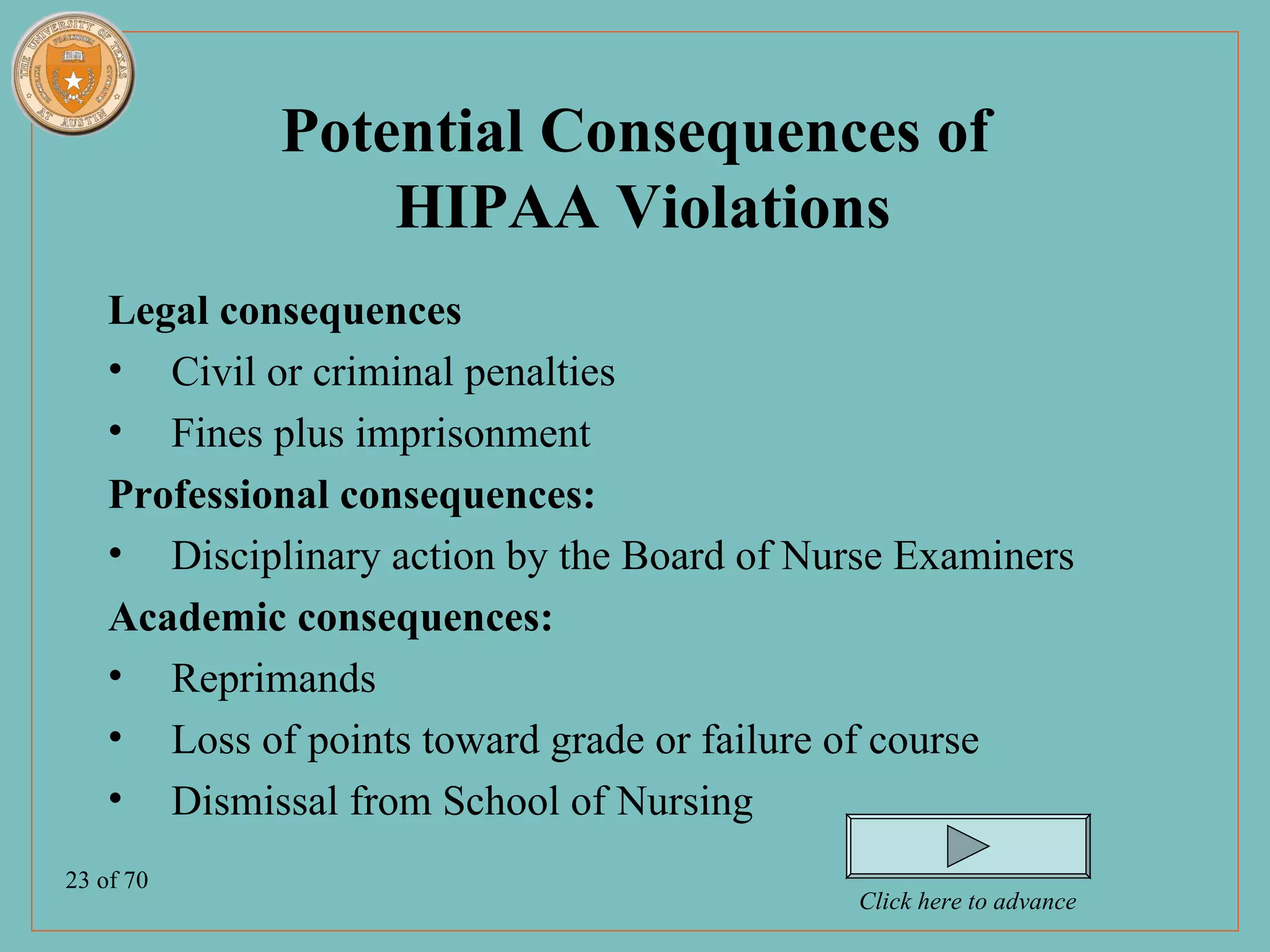 Potential Consequences of
                 HIPAA Violations
    Legal consequences
    • Civil or criminal penalties
    • Fines plus imprisonment
    Professional consequences:
    • Disciplinary action by the Board of Nurse Examiners
    Academic consequences:
    • Reprimands
    • Loss of points toward grade or failure of course
    • Dismissal from School of Nursing
23 of 70
                                             Click here to advance
 