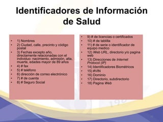 Identificadores de Información
de Salud
• 1) Nombres
• 2) Ciudad, calle, precinto y código
postal
• 3) Fechas excepto año,
directamente relacionadas con el
individuo: nacimiento, admisión, alta,
muerte, edades mayor de 89 años
• 4) # fax
• 5) # teléfono
• 6) dirección de correo electrónico
• 7) # de cuenta
• 8) # Seguro Social
• 9) # de licencias o certificados
• 10) # de tablilla
• 11) # de serie o identificador de
equipo medico
• 12) Web URL, directorio y/o pagina
web
• 13) Direcciones de Internet
Protocol (IP)
• 14) Identificadores Biométricos
• 15) #VIN
• 16) Dominio
• 17) Directorio, subdirectorio
• 18) Pagina Web
11
 