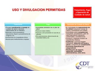 USO Y DIVULGACION PERMITIDAS Tratamiento, Pago
y Operación de
Cuidado de Salud
12
Tratamiento
•Proveer coordinación o manejo de
cuidado de salud y servicios
relacionados de un individuo;
•Referidos a otros proveedores:
laboratorios, Rayos X, procedimientos de
imágenes, etc.
•Anotaciones en el expediente clínico.
•Recetas para medicamentos u equipos.
Pago
•Actividades alrededor de un plan de
salud
•Facturar al plan médico.
•Facturar a otro proveedor en caso de un
referido.
•Pre autorizaciones, determinación de
necesidad médica, etc.
Operación de Cuidado de Salud,
•Ej. Actividades de mejoramiento de
la calidad incluyendo manejo de
casos y coordinación de cuidado.
•Actividades sobre competencias
incluyendo: proveedores o plan de
salud ejecutando evaluación,
credenciales y acreditaciones
•Conducir y organizar revisión de
expedientes médicos,
•Auditorías o servicios legales
incluyendo: detección de fraude y
abuso y programa de cumplimiento.
•Funciones especificas de
aseguradoras.
•Planificación de negocio,
desarrollo, actividades
administrativas, entre otros.
 