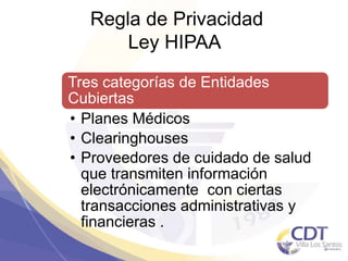 Regla de Privacidad
Ley HIPAA
Tres categorías de Entidades
Cubiertas
• Planes Médicos
• Clearinghouses
• Proveedores de cuidado de salud
que transmiten información
electrónicamente con ciertas
transacciones administrativas y
financieras .
3
 