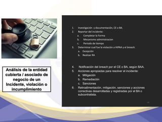 Análisis de la entidad
cubierta / asociado de
negocio de un
Incidente, violación o
incumplimiento
1. Investigación y documentación, CE o BA.
2. Reportar del incidente:
a. Completar la Forma
b. Mecanismo administracion
c. Periodo de tiempo
3. Determinar cual fue la violación a HIPAA y el breach.
a. Excepción
b. Realizar RA
4. Notificación del breach por el CE o BA, según BAA.
5. Acciones apropiadas para resolver el incidente:
a. Mitigación
b. Remediación
c. Sanciones
6. Retroalimentación, mitigación, sanciones y acciones
correctivas desarrolladas y registradas por el BA o
subcontratista.
47
 