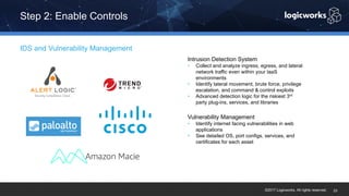 ©2017 Logicworks. All rights reserved.
IDS and Vulnerability Management
Step 2: Enable Controls
23
Intrusion Detection System
• Collect and analyze ingress, egress, and lateral
network traffic even within your IaaS
environments
• Identify lateral movement, brute force, privilege
escalation, and command & control exploits
• Advanced detection logic for the riskiest 3rd
party plug-ins, services, and libraries
Vulnerability Management
• Identify internet facing vulnerabilities in web
applications
• See detailed OS, port configs, services, and
certificates for each asset
 