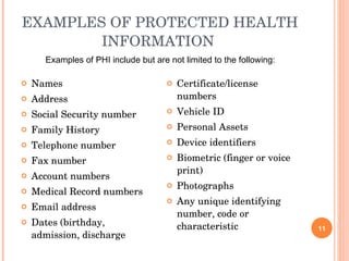 EXAMPLES OF PROTECTED HEALTH INFORMATION  Names  Address  Social Security number Family History Telephone number Fax number Account numbers Medical Record numbers  Email address Dates (birthday, admission, discharge Certificate/license numbers Vehicle ID Personal Assets  Device identifiers  Biometric (finger or voice print) Photographs Any unique identifying number, code or characteristic Examples of PHI include but are not limited to the following: 