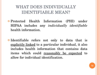 WHAT DOES INDIVIDUALLY IDENTIFIABLE MEAN? Protected Health Information (PHI) under HIPAA includes any  individually identifiable  health information. Identifiable refers not only to data that is  explicitly linked  to a particular individual, it also includes health information that contains data items which could  reasonably be expected  to   allow for individual identification. 