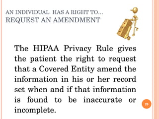 AN INDIVIDUAL  HAS A RIGHT TO…   REQUEST AN AMENDMENT The HIPAA Privacy Rule gives the patient the right to request that a Covered Entity amend the information in his or her record set when and if that information is found to be inaccurate or incomplete. 