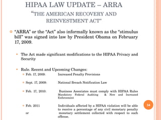 HIPAA LAW UPDATE – ARRA “ THE AMERICAN RECOVERY AND REINVESTMENT ACT” “ ARRA” or the “Act” also informally known as the “stimulus bill” was signed into law by President Obama on February 17, 2009. The Act made significant modifications to the HIPAA Privacy and Security  Rule. Recent and Upcoming Changes: Feb. 17, 2009:  Increased Penalty Provisions Sept. 17, 2009: National Breach Notification Law Feb. 17, 2010: Business Associates must comply with HIPAA Rules Mandatory Federal Auditing  & New and Increased  Enforcement Feb. 2011 Individuals affected by a HIPAA violation will be able  to receive a percentage of any civil monetary penalty or  monetary settlement collected with respect to such  offense. 