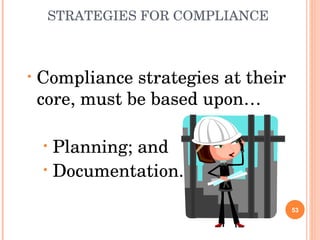 STRATEGIES FOR COMPLIANCE  Compliance strategies at their core, must be based upon… Planning; and  Documentation. 